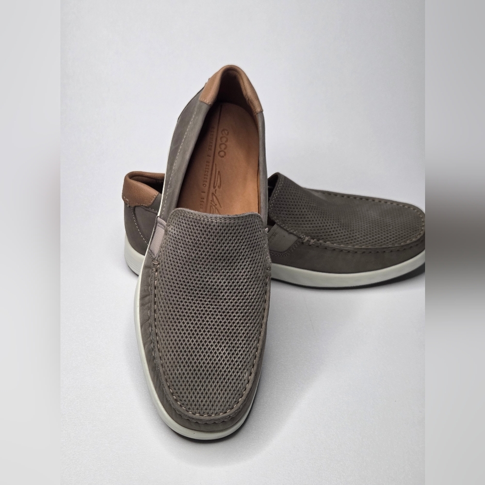 ECCO Men’s S Lite Moc Nubuck Moccasins Warm Grey Cognac Size 6–6.5